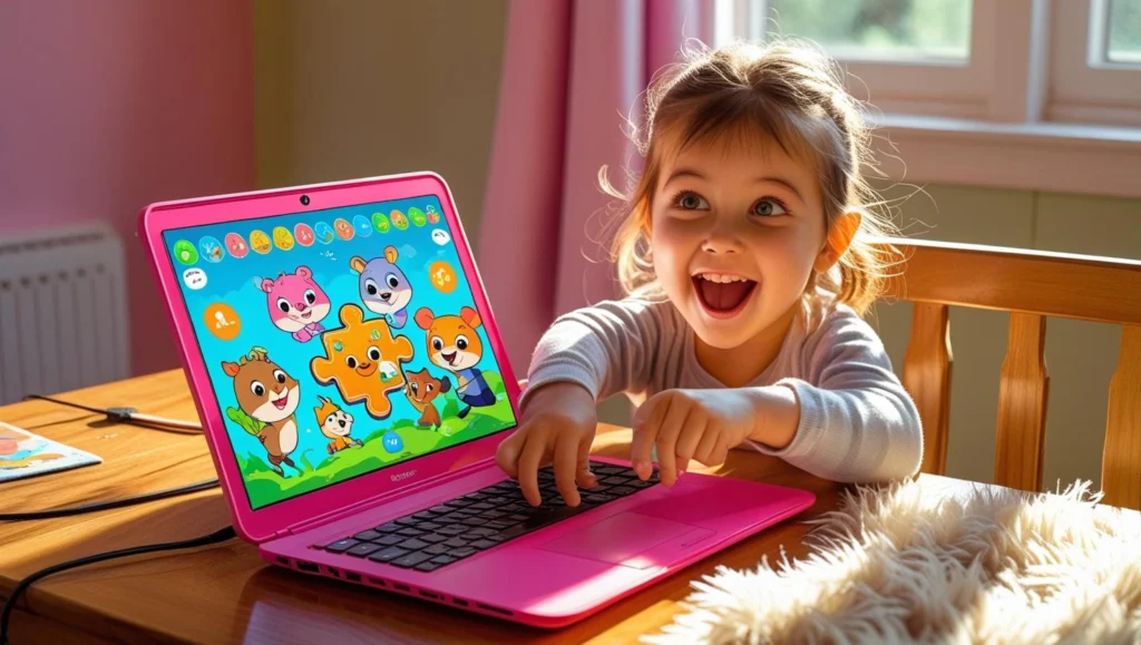 A young child enjoying a colorful, educational browser game on a laptop.