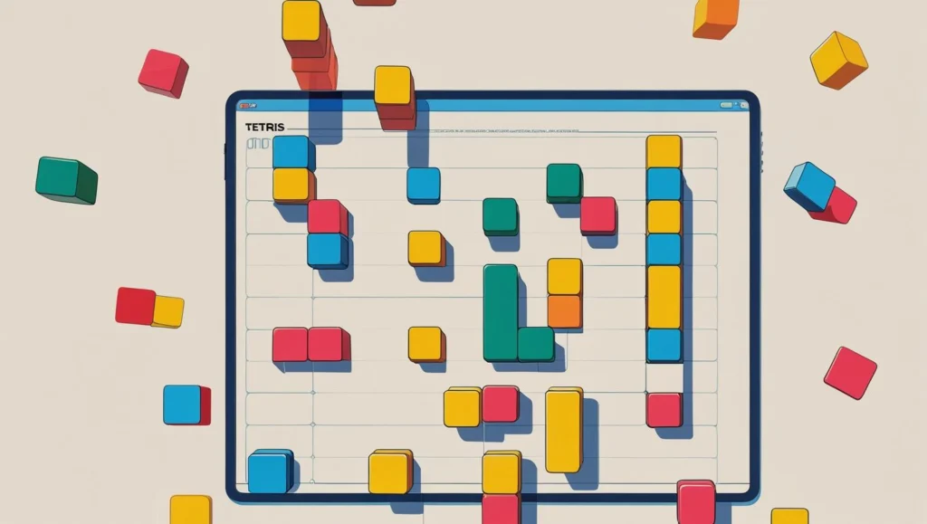 Close-up of Tetris gameplay showing falling blocks in an easy-to-understand puzzle game for beginners.