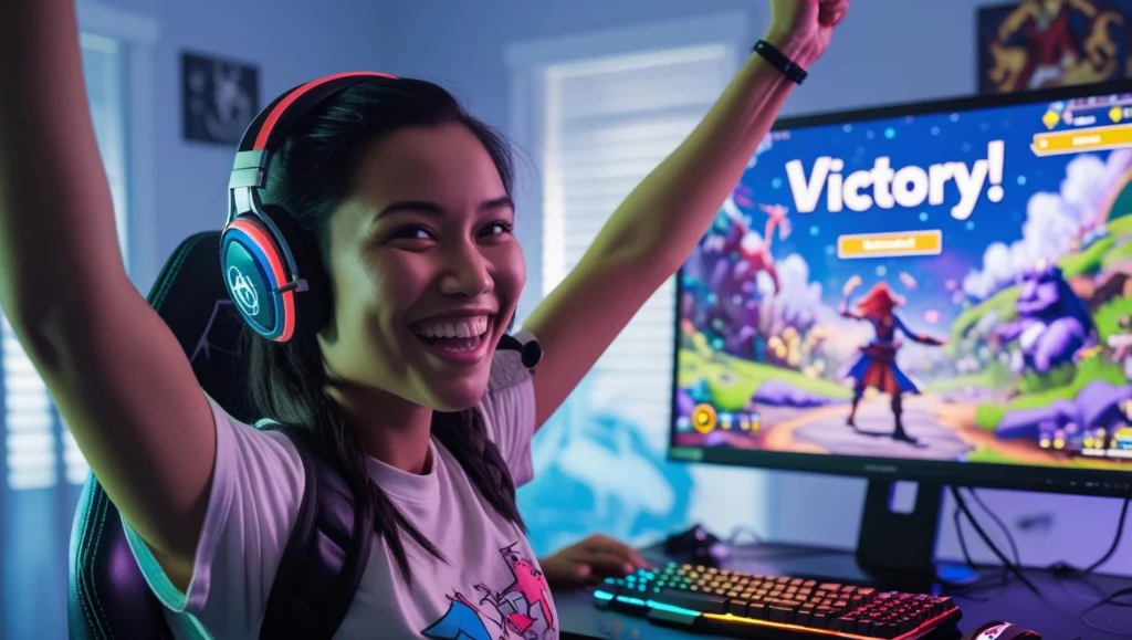 Player celebrating a victory in a multiplayer browser game with hands raised in triumph.
