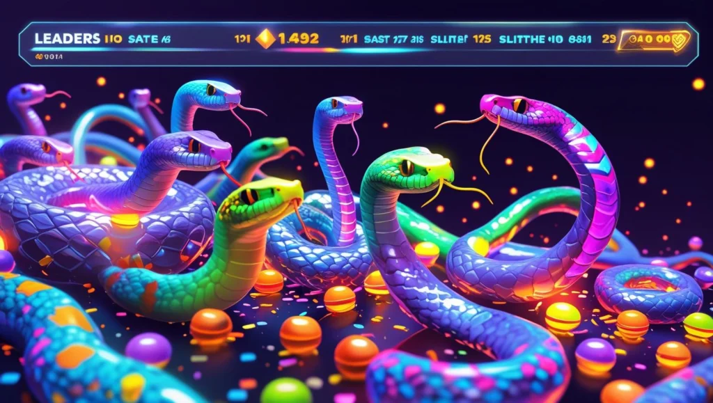 Multiplayer gameplay of Slither.io, with players controlling colorful snakes in a competitive environment.