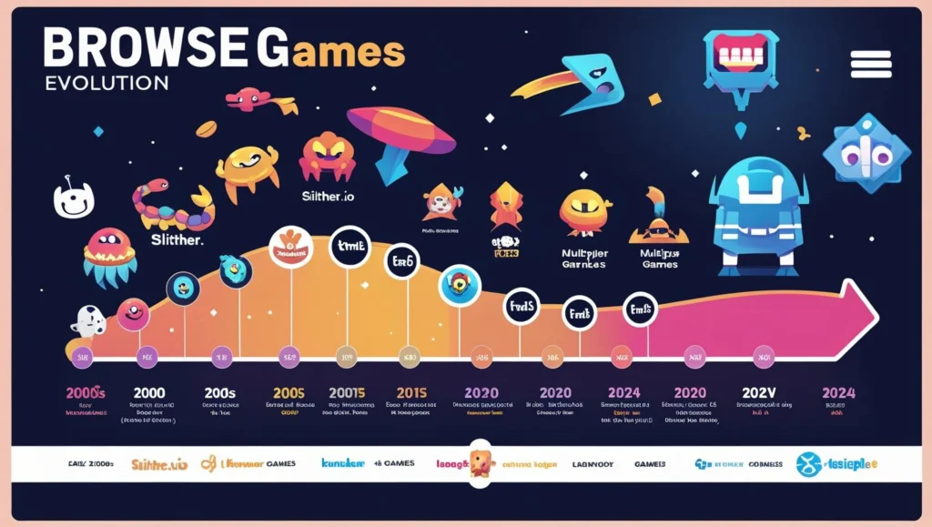 Timeline showcasing the evolution of browser games from Flash to HTML5, highlighting key milestones and games.