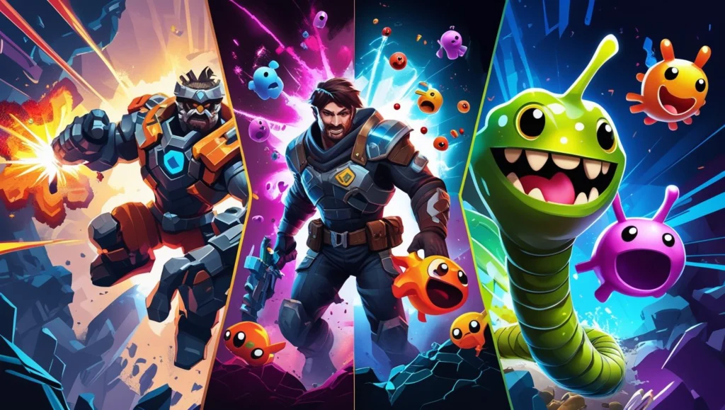 Collage of popular browser games like Krunker.io, Agar.io, and Slither.io showcasing action-packed gameplay.