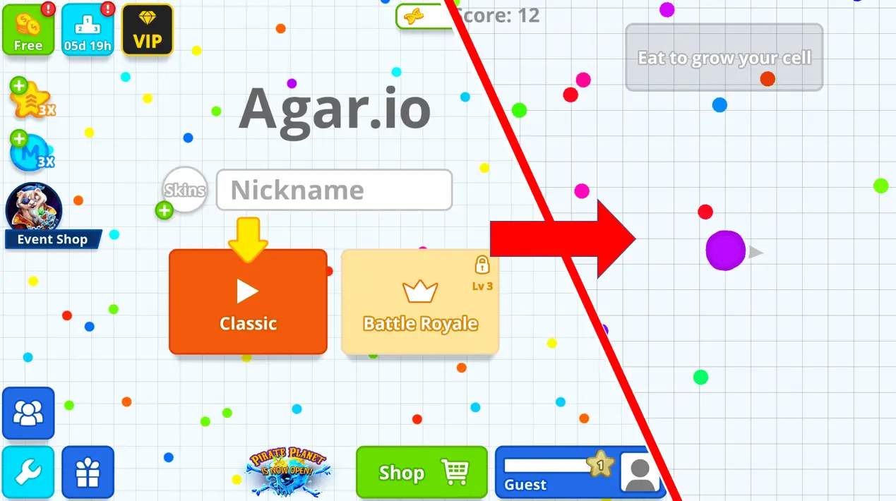 Agar.io game controls: mouse for movement, W to eject mass, spacebar to split