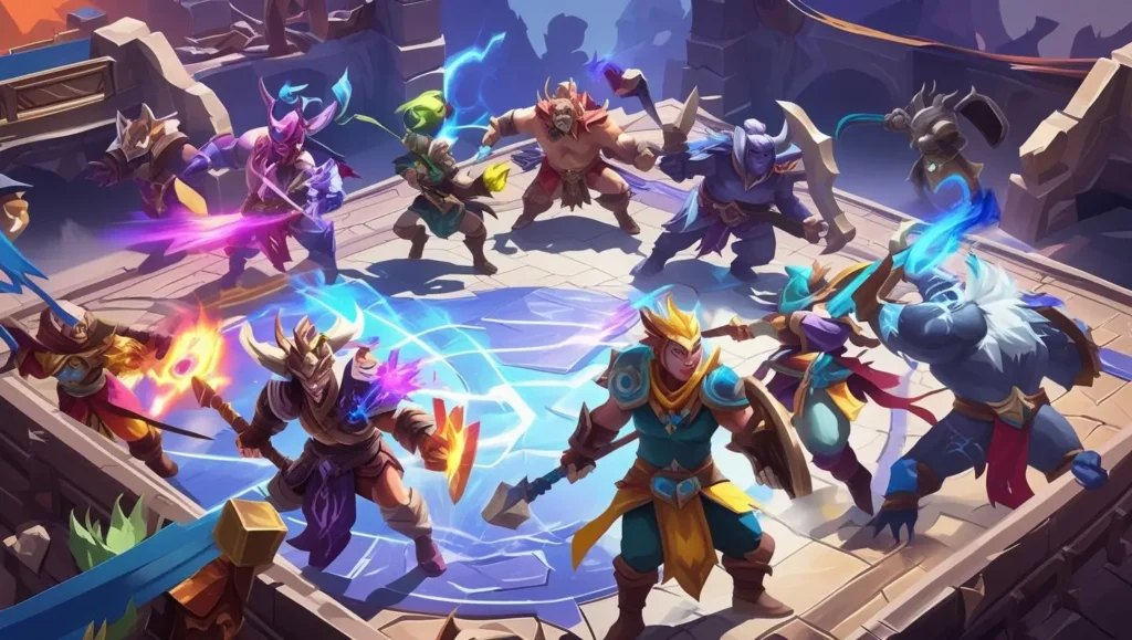 Screenshot of Arena Champions Online, showing multiple characters fighting in a 3D arena