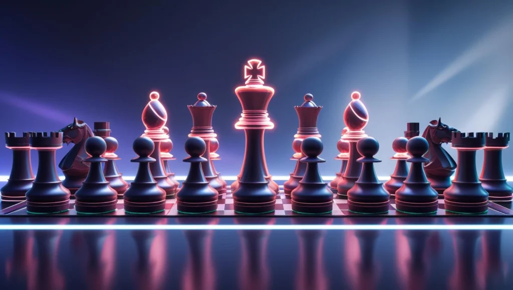 Chess board with glowing digital pieces, symbolizing strategy browser games