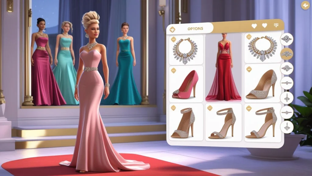 Screenshot of Celebrity Style Icon, showing a celebrity character being dressed for a red carpet event