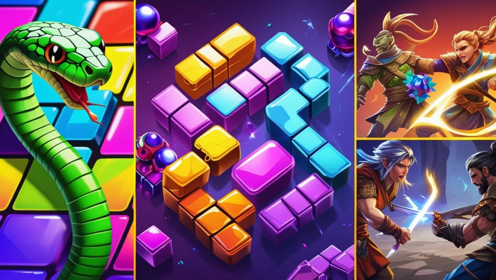 Collage of popular browser games like Slither.io, 2048, Krunker.io, and AdventureQuest Worlds.