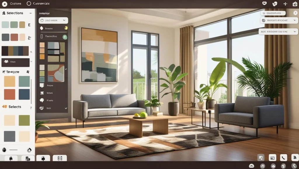 Screenshot of Dream Home Designer 3D, showing a customizable living room interior