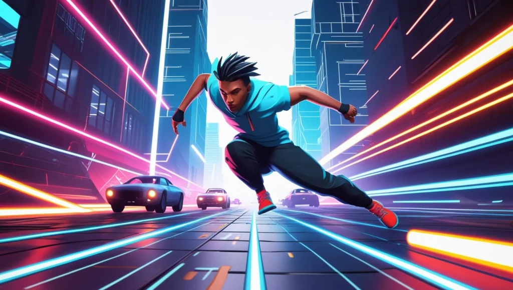 Screenshot of Endless Runner City, showing a character running through a futuristic city