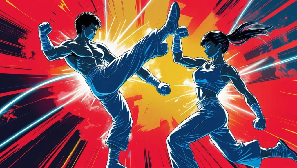 Two stylized martial artists in mid-air combat pose against an energetic background