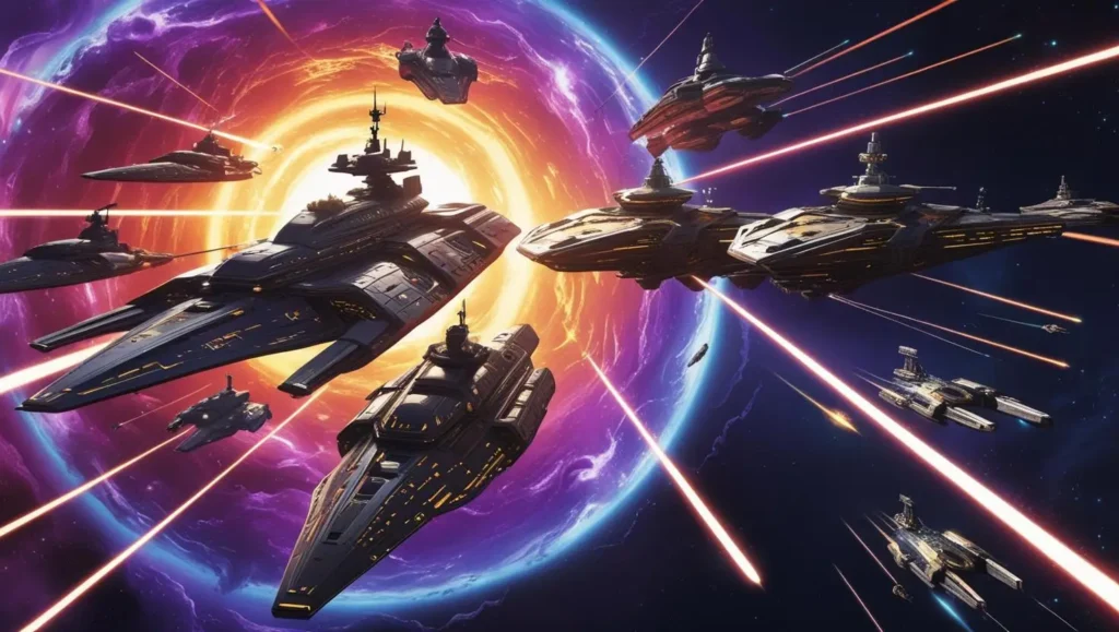 Screenshot of Galactic Conqueror RTS, showing spaceships battling above a planet