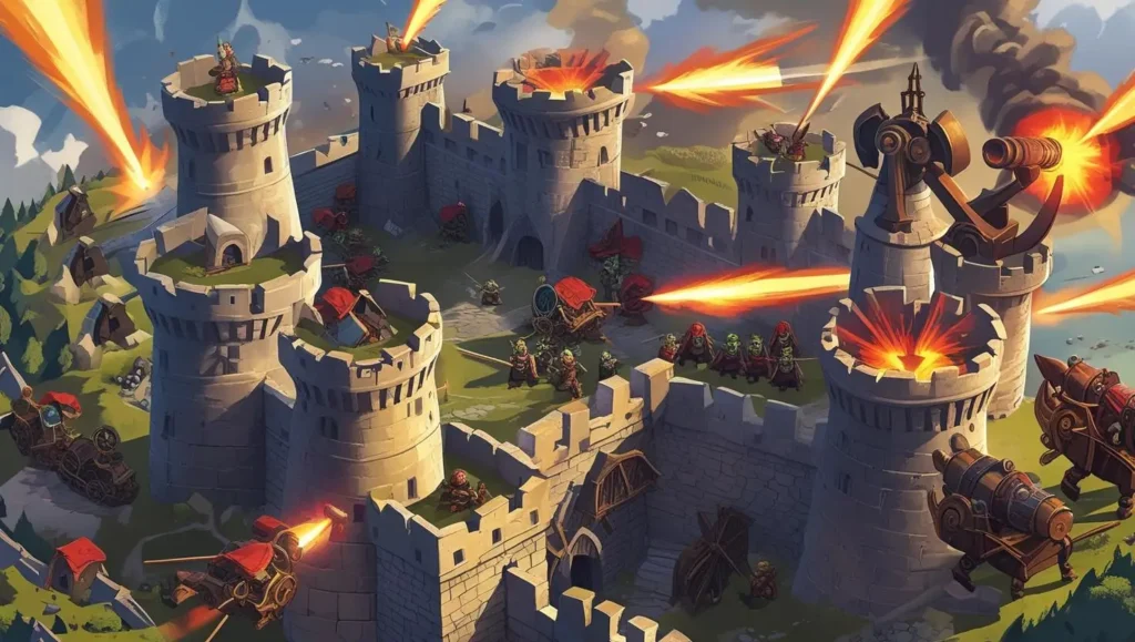 Screenshot of Medieval Fortress Defense, showing a castle being defended by towers
