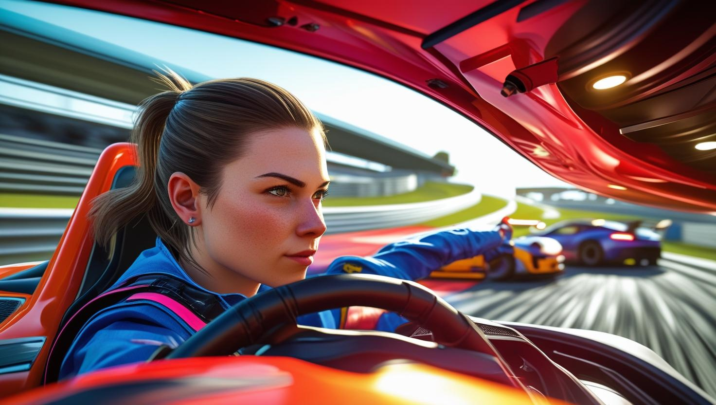 Racing driver speeding down the track in an online racing game
