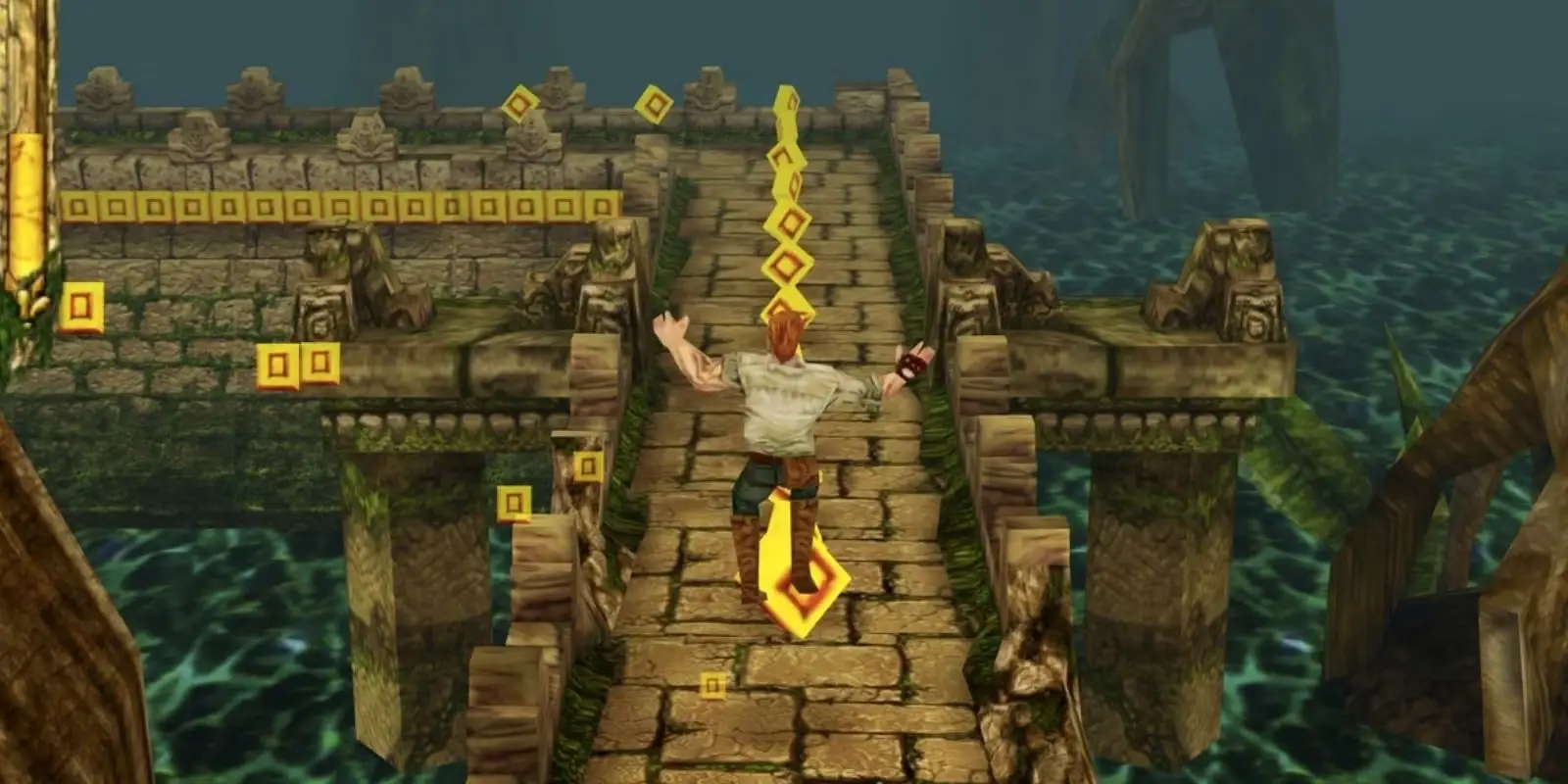 Temple Run character running on a narrow path in an ancient temple
