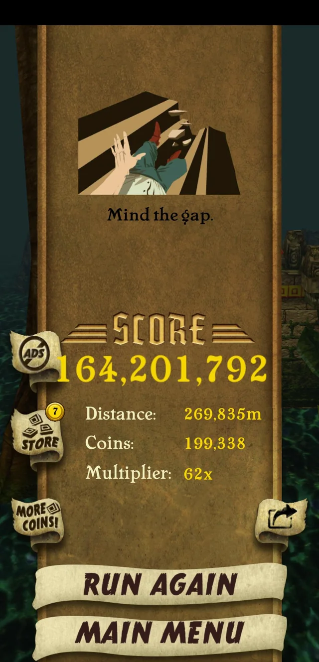 Temple Run player achieving a high score, demonstrating strategy